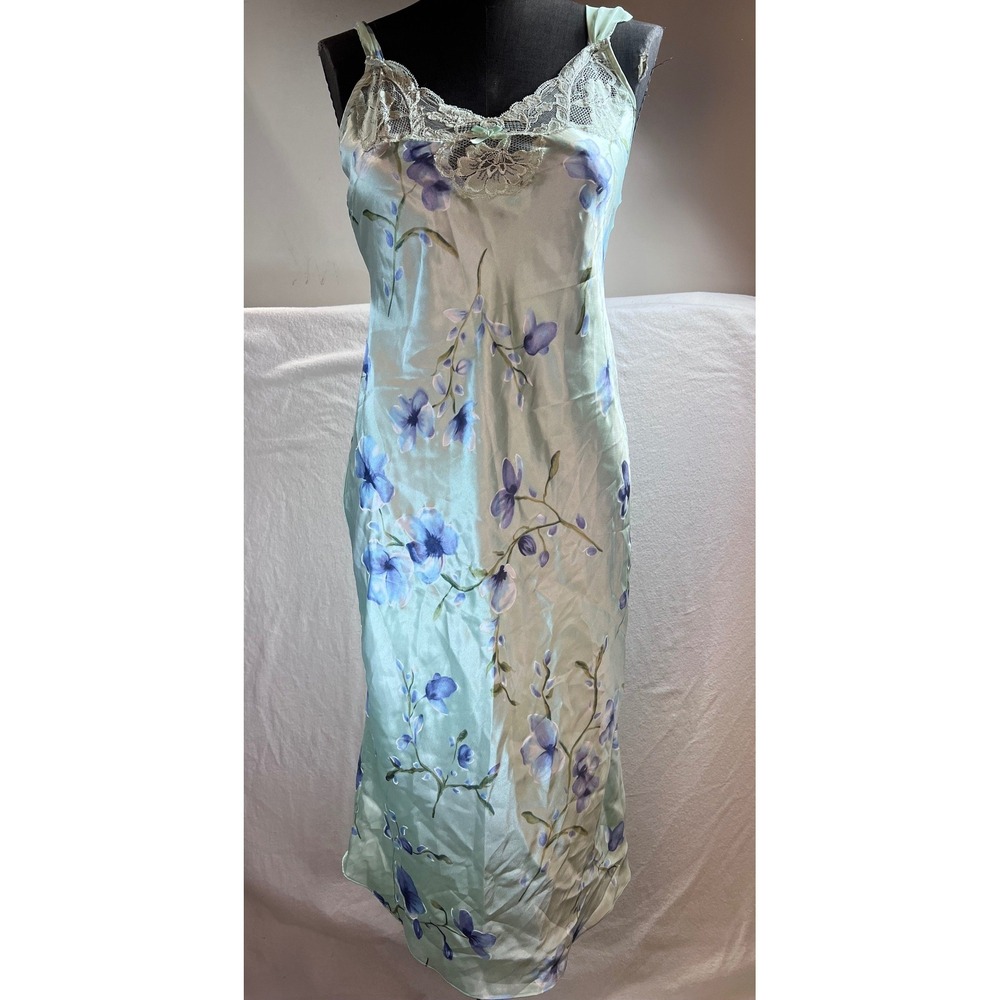 California‎ Dynasty Vintage Floral Satin Lace Trim Nightgown Sage Green Small